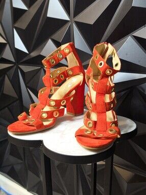 Yoki Red Suede Grommet Block Heel Sandals